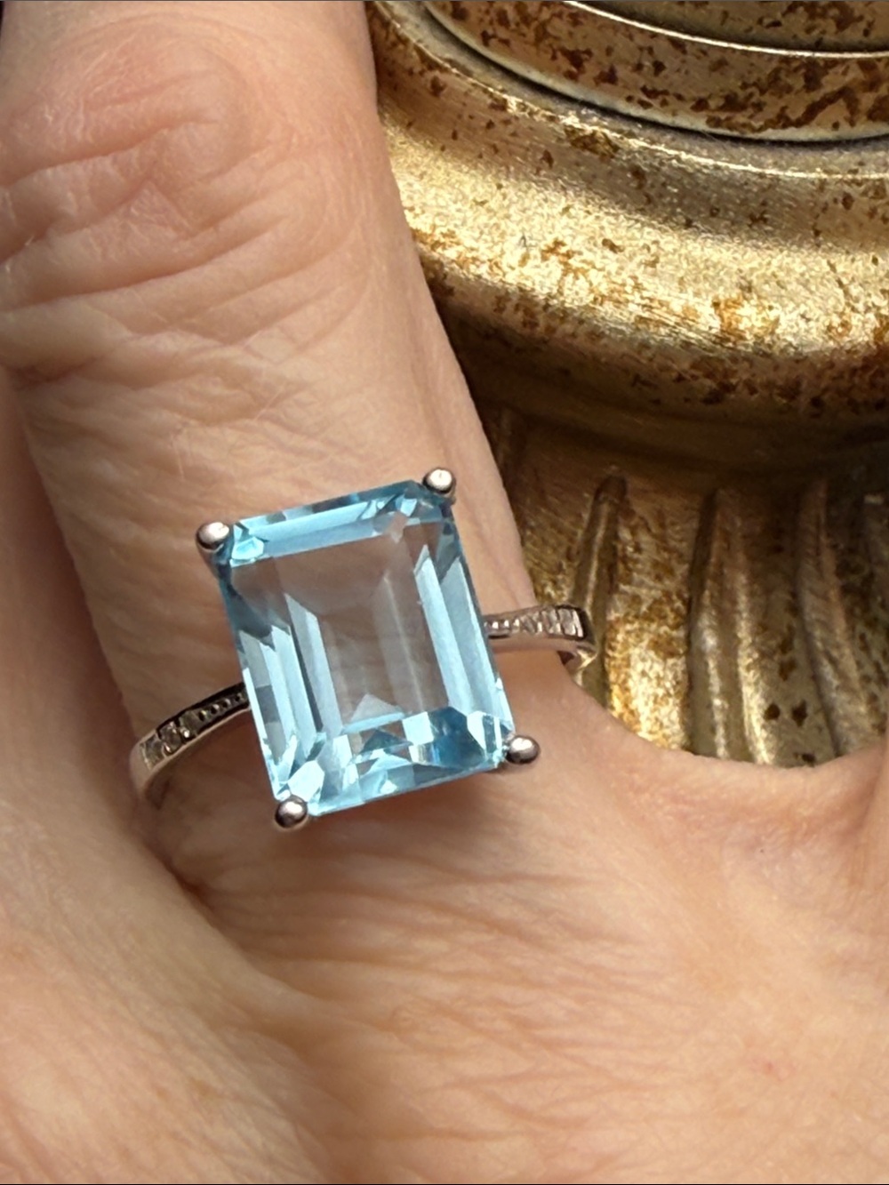 4 CT Blue AQUAMARINE Emerald-Cut 925 Sterling Silver Ring Moissanite Diamonds